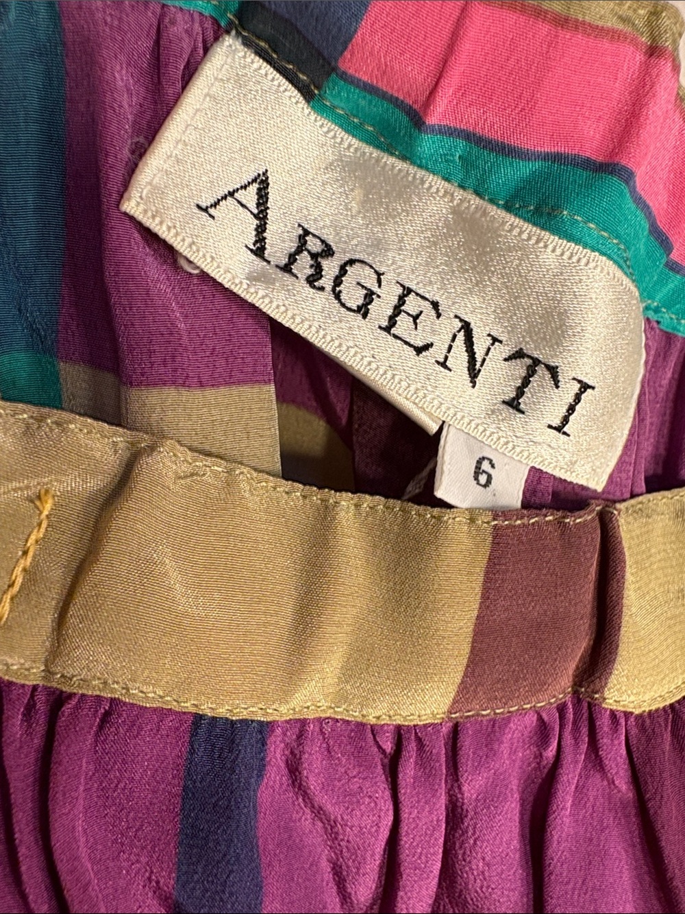 Vintage Argenti - 100% Silk Turquoise Purple Pink SandPlaid Midi Skirt w/Pockets - Picture 2 of 8